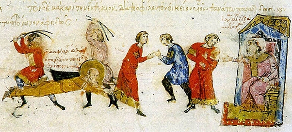 The torture and martyrdom of the iconophile Bishop Euthymius of Sardeis by the iconoclast Byzantine Emperor Michael II in 824, in a 13th-century manuscript
